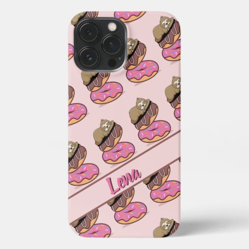 Cute Sleepy Sloth Resting on Pink Sprinkle Donuts iPhone 13 Pro Max Case