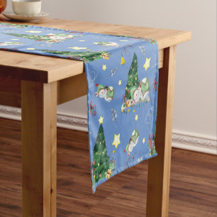 Cute Sleepy Snowman Holiday Pattern Short Table Runner