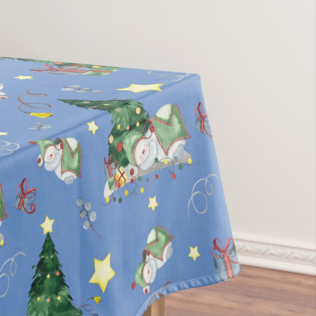 Cute Sleepy Snowman Holiday Pattern Tablecloth (In Situ)