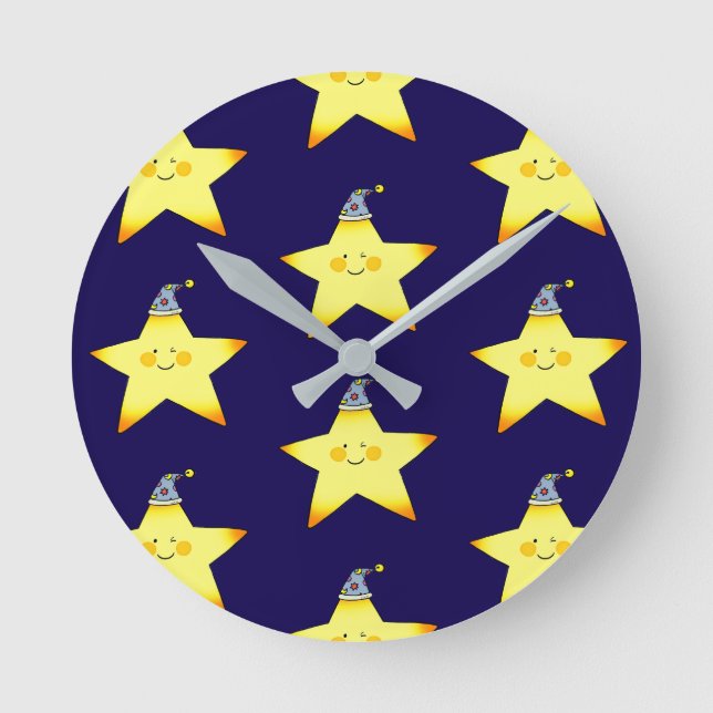 Cute Sleepy Star Cartoon Illustration Round Clock (Front)