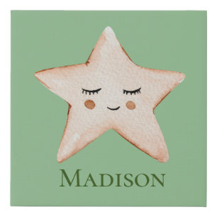 Cute Sleepy Star on Sage Green Background Faux Canvas Print