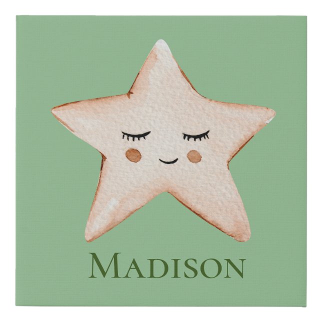 Cute Sleepy Star on Sage Green Background Faux Canvas Print (Front)