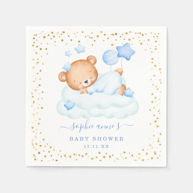 Cute Sleepy Teddy Bear Balloons Boy Baby Shower Napkins (Front)
