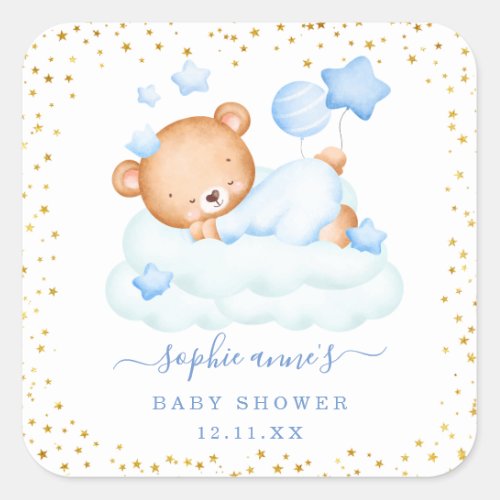 Cute Sleepy Teddy Bear Balloons Boy Baby Shower Square Sticker
