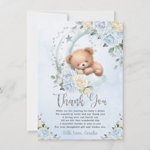Cute Sleepy Teddy Bear Blue Floral Boy Baby Shower Thank You Card