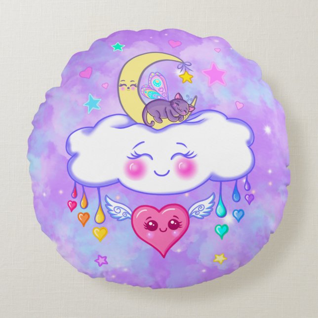 Cute Sleepy Time Kawaii Happy Heart Round Pillow (Front)