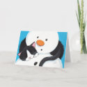 Cute Sleepy Tuxedo Cat and Snowman Christmas Card