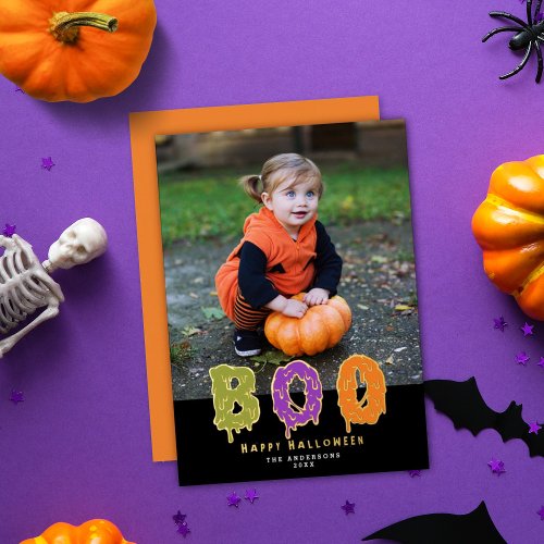 Cute Slimy Boo Halloween Photo Gold Foil Holiday Card