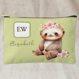 Cute sloth add initials name green accessory pouch