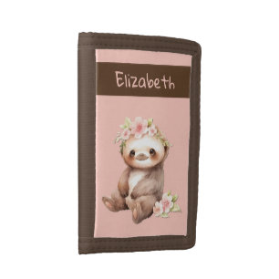 Cute sloth add name floral kids tri-fold wallet