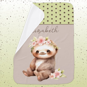 Cute sloth add name polka dots green baby blanket