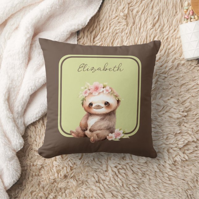 Cute sloth add name polka dots green throw pillow (Blanket)