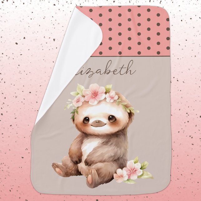 Cute sloth add name polka dots pink baby blanket (Creator Uploaded)