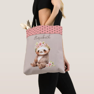Cute sloth add name polka dots pink tote bag