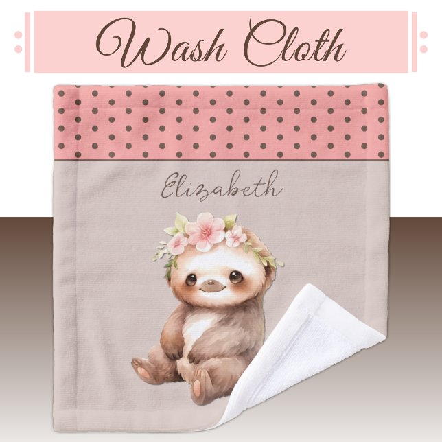 Cute sloth add name polka dots pink wash cloth (Creator Uploaded)