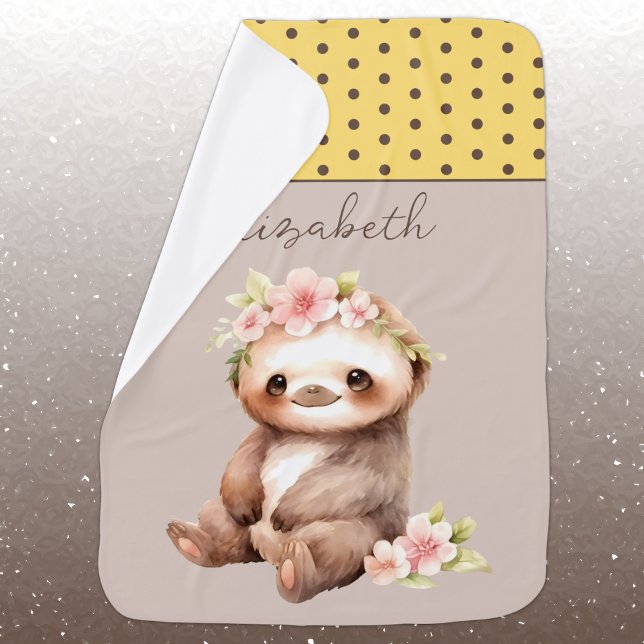 Cute sloth add name polka dots yellow baby blanket (Creator Uploaded)