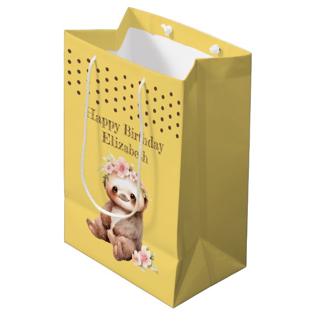 Cute sloth add name polka dots yellow medium gift bag (Front Angled)