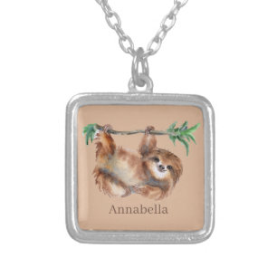 cute sloth add name silver plated necklace