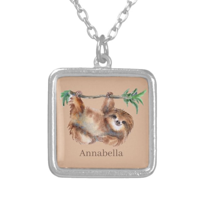 cute sloth add name silver plated necklace (Front)