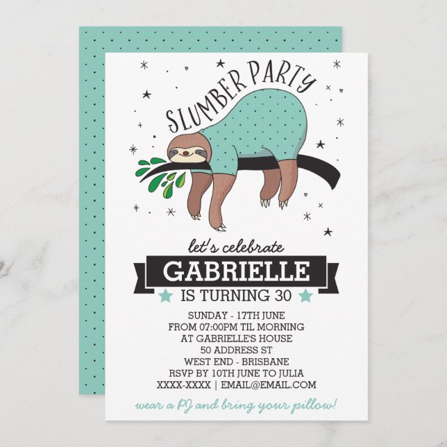 Cute Sloth Adult Slumber Party Invitation (Front/Back)