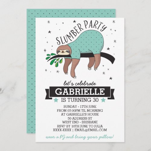 Cute Sloth Adult Slumber Party Invitation