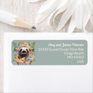 Cute sloth among tropical flowers blue custom name label