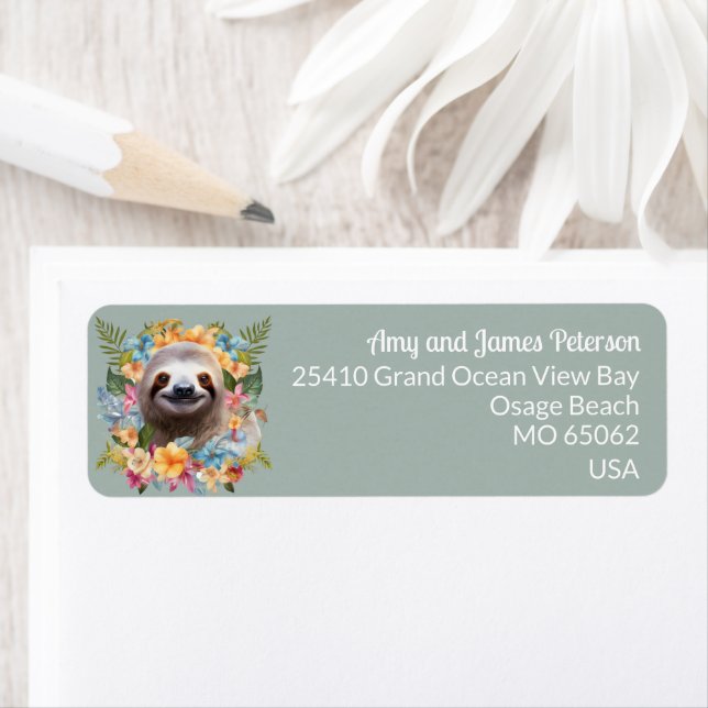 Cute sloth among tropical flowers blue custom name label (Insitu)