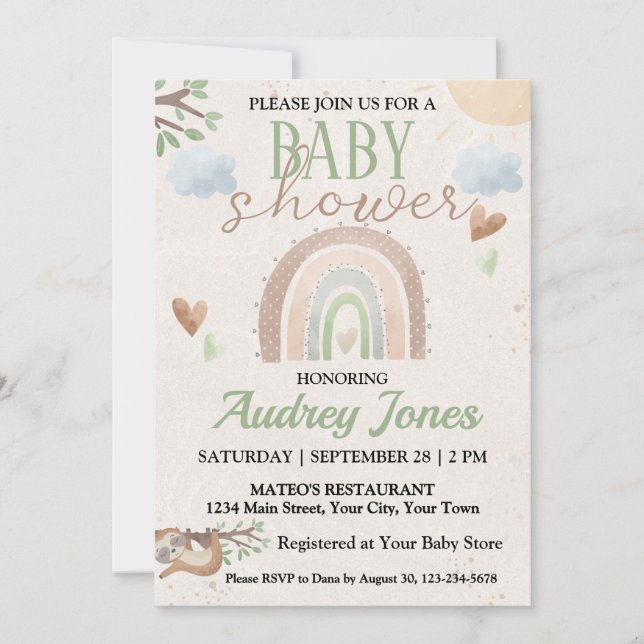 Cute Sloth and Boho Rainbow Baby Shower Invitation (Front)