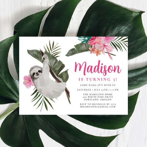 Cute Sloth and Hibiscus Flowers Jungle Birthday Invitation