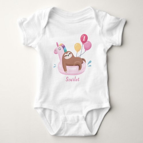 Cute Sloth and Unicorn 1st Birthday Baby Bodysuit