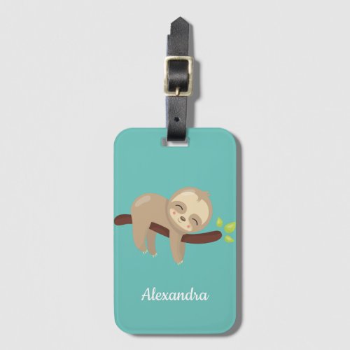 Cute Sloth Animal Illustration on Green Monogram Luggage Tag