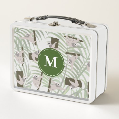 Cute Sloth Animal Pattern in Wild Forest Monogram Metal Lunch Box