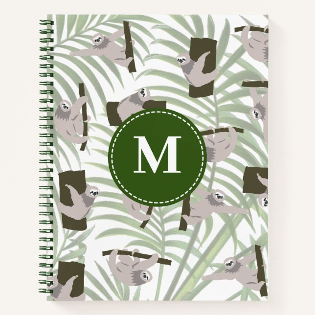 Cute Sloth Animal Pattern in Wild Forest Monogram Notebook (Front)
