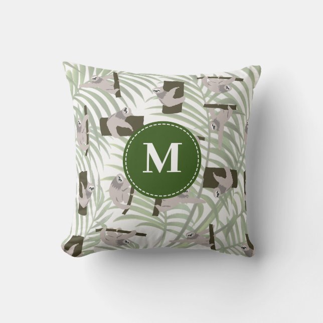 Cute Sloth Animal Pattern in Wild Forest Monogram Throw Pillow (Front)