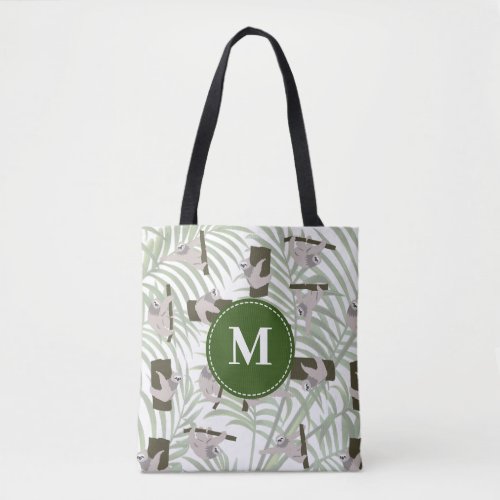 Cute Sloth Animal Pattern in Wild Forest Monogram Tote Bag