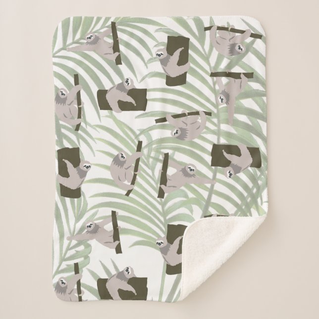 Cute Sloth Animal Pattern in Wild Forest Sherpa Blanket (Front)