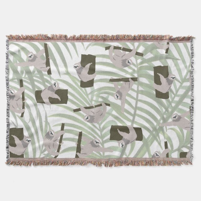 Cute Sloth Animal Pattern in Wild Forest Throw Blanket (Front)