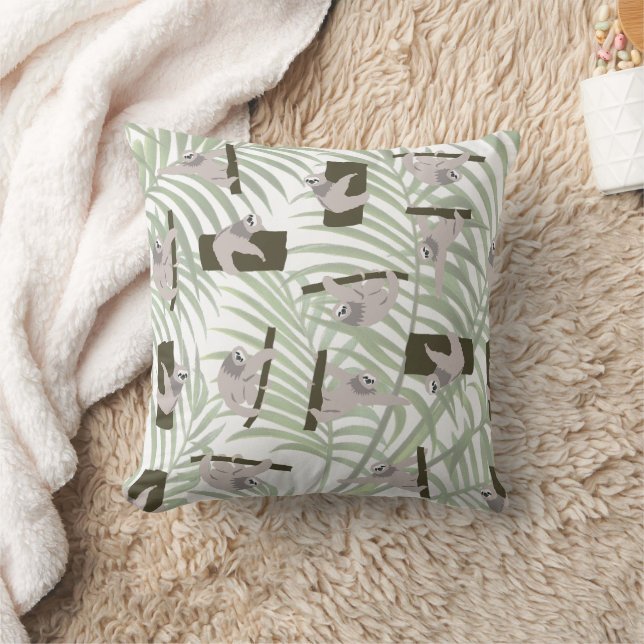 Cute Sloth Animal Pattern in Wild Forest Throw Pillow (Blanket)