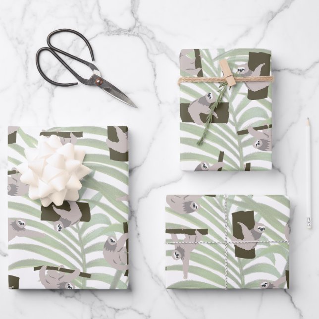 Cute Sloth Animal Pattern in Wild Forest Wrapping Paper Sheets (Front)