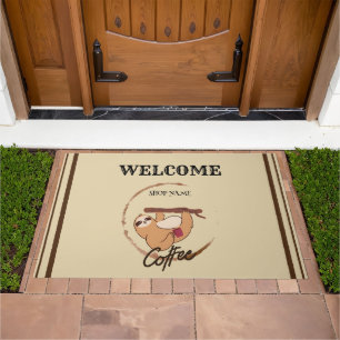 Cute sloth animals coffee Tea custom Shop name Doormat