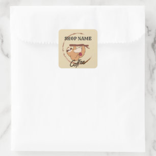 Cute sloth animals coffee Tea custom Shop name Square Sticker