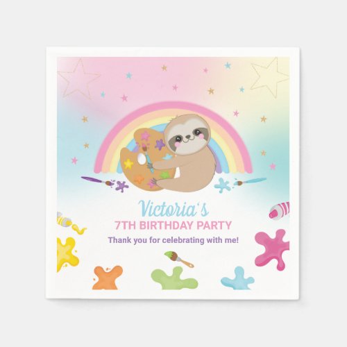 Cute Sloth Art Craft Paint Party Rainbow Birthday  Napkins