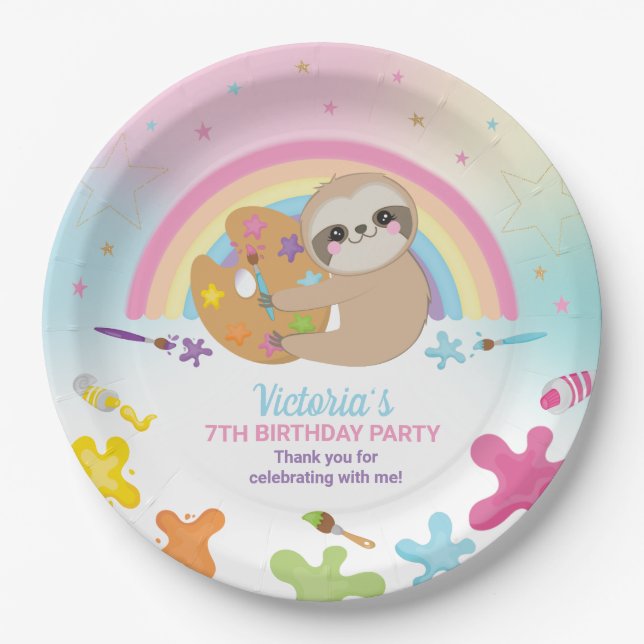 Cute Sloth Art Craft Party Rainbow Birthday  Paper Plates (Front)