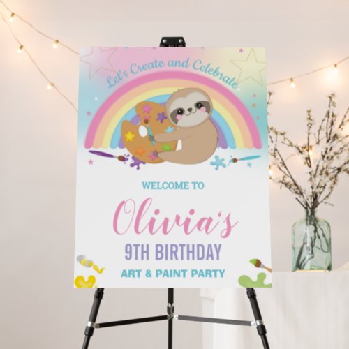 Cute Sloth Art Paint Party Rainbow Welcome Foam Board