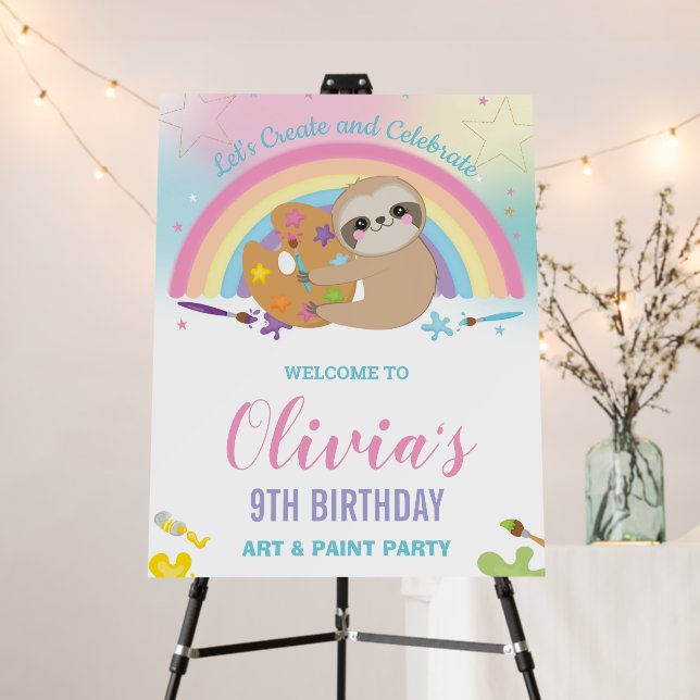 Cute Sloth Art Paint Party Rainbow Welcome Foam Board (In Situ (Stand))