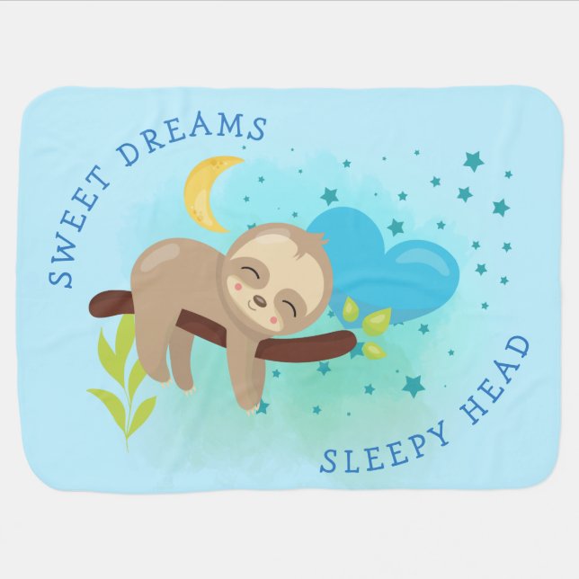 Cute Sloth Asleep Sweet Dreams Sleepy Head Blue Baby Blanket (Horizontal)