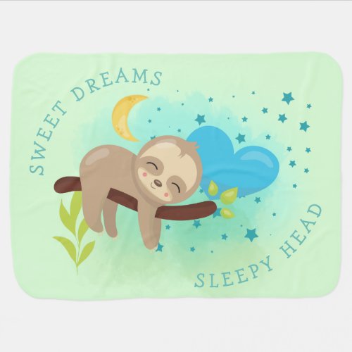Cute Sloth Asleep Sweet Dreams Sleepy Head Green Baby Blanket