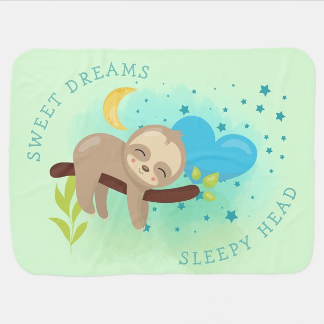 Cute Sloth Asleep Sweet Dreams Sleepy Head Green Baby Blanket (Horizontal)