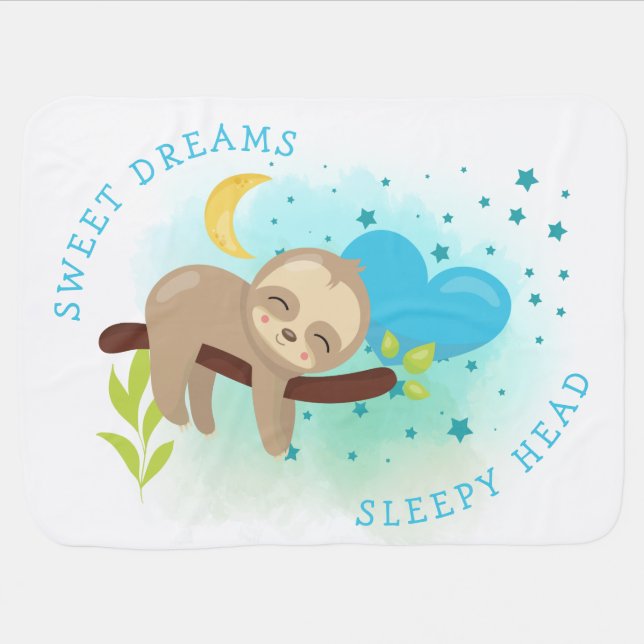 Cute Sloth Asleep Sweet Dreams Sleepy Head White Baby Blanket (Horizontal)