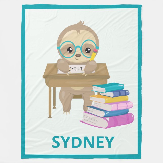 Cute Sloth at School Personalized Fleece Blanket (Front)